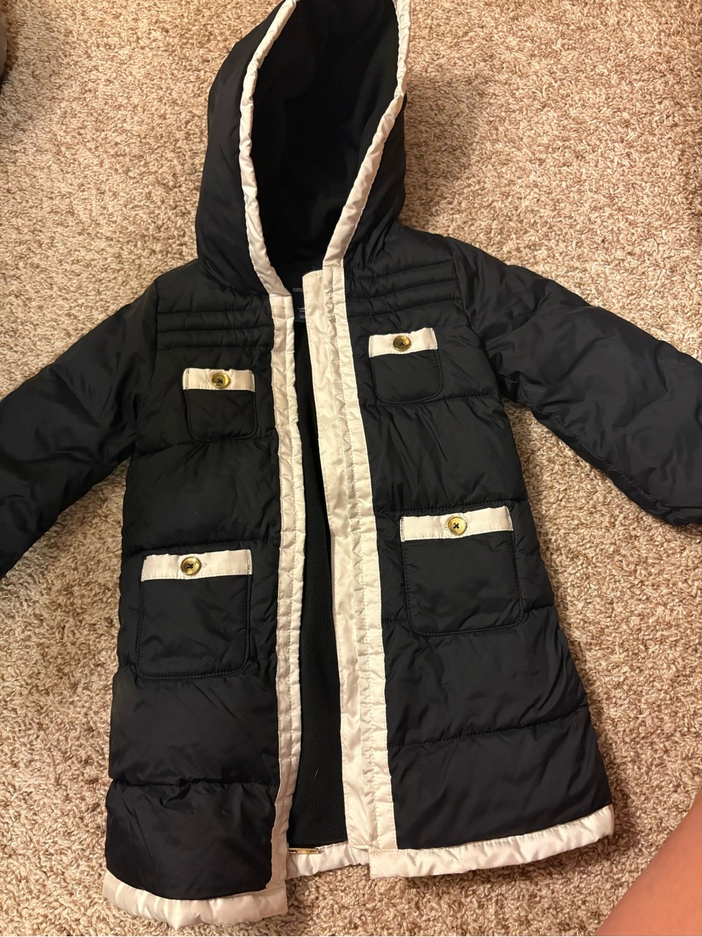 GAP Black Hooded Puffer Coat with Cream Trim